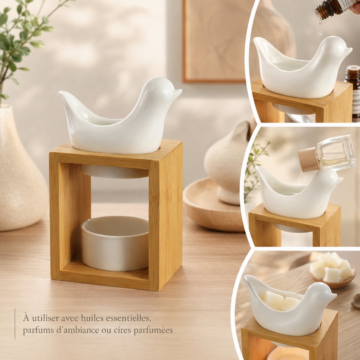 Naturea Series Perfume Burner – Birdy White – Bamboo and Ceramic Candle Holder – Diffusion of Scented Wax, Essential Oils – Gift Idea