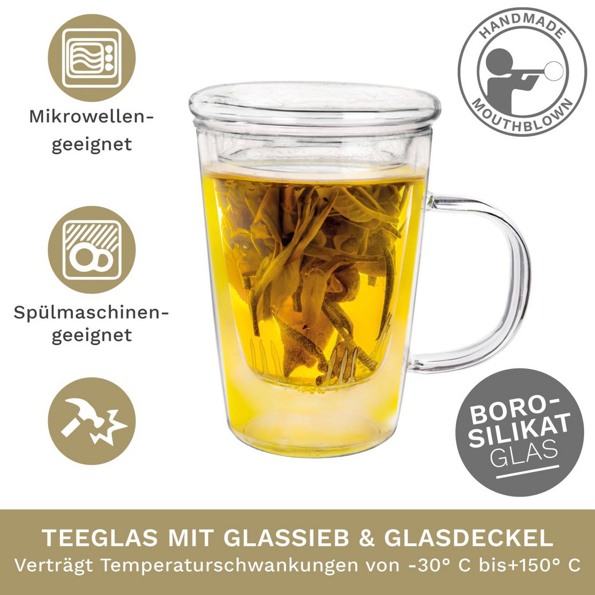 Creano Teeglas All-in-One 400ml Sieb Deckel