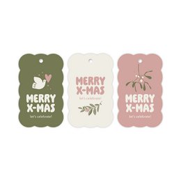 Rounded gift tags Christmas holiday decorative labels green cream pink coral white festive seasonal.