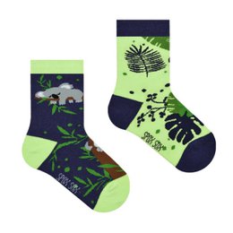 Kids socks with koala and tropical leaf print in navy, green, and white colors. Soft, comfortable cotton blend material. Suitable for ages 3-12 years old.