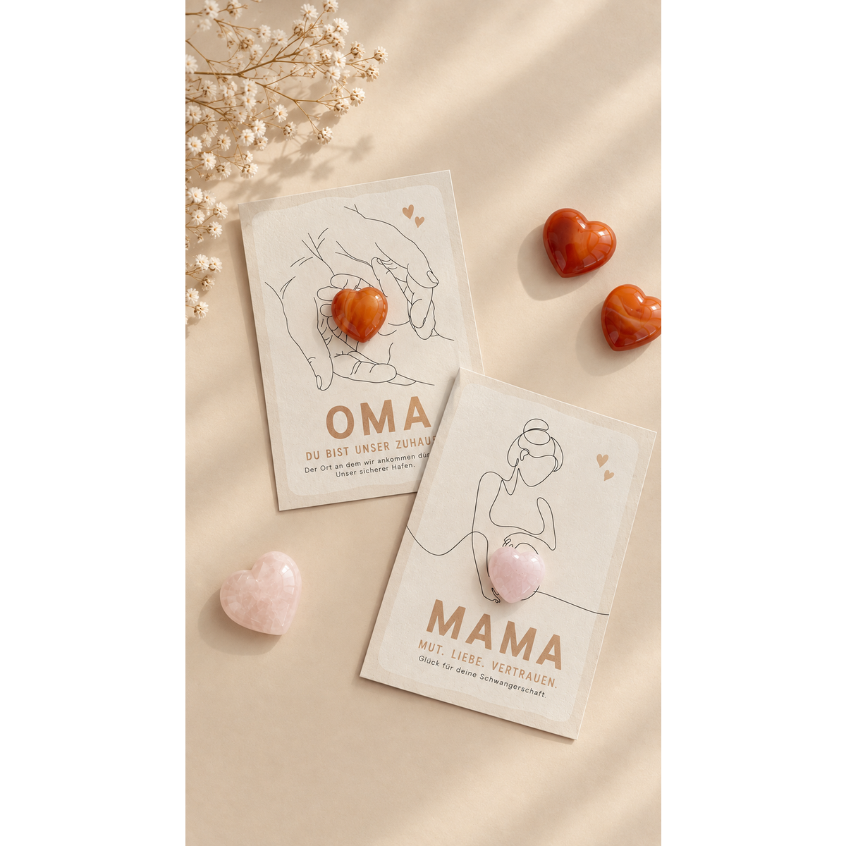 Pregnancy card with genuine rose quartz, postcard congratulations 