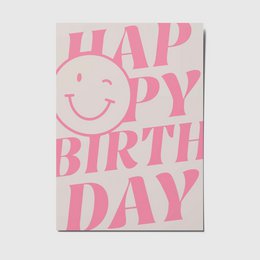 A6 birthday postcard with the text "Happy Birthday" in large pink letters and a smiley face icon.