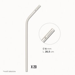 Long bent stainless steel straws, 8mm diameter, reusable and eco-friendly. Pack of 20 straws.