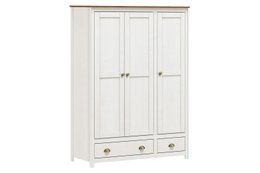  A large white wardrobe with three doors and three drawers at the bottom, providing ample storage space.