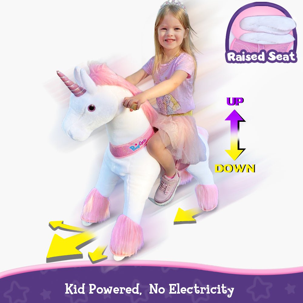 PonyCycle Official Classic Ride on Toys Modèle U Licorne blanche, rose et violette - avec frein et son