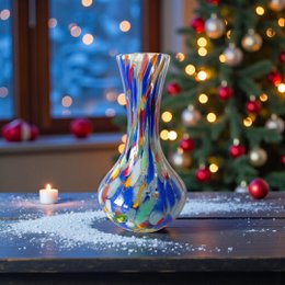 Colorful glass vase with a tall, slender shape and a unique multicolored pattern resembling the Arlecchino style from Murano, Italy.