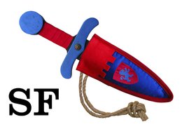 Wooden toy sword with blue and red accents, suitable for imaginative play.