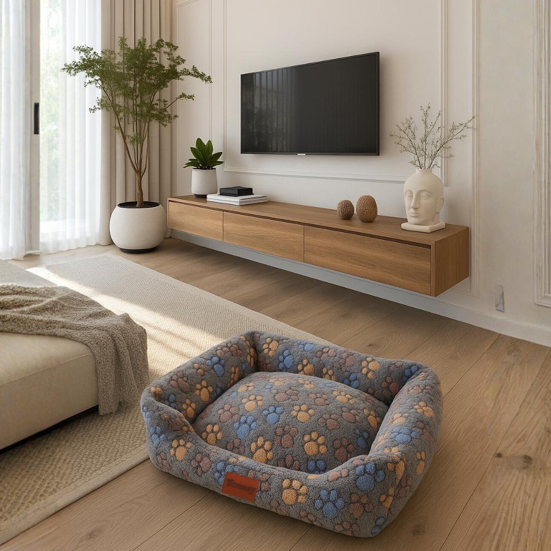 Yommy Dog Bed with Paw Print or Heart Design | Soft Flannel Fabric | Non-Slip Base | 3 Sizes: S (16.5×21.5 in), M (20.5×25.5 in), L (24.5×30.5 in) | 3 Colors
