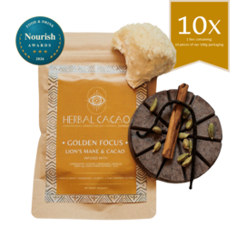 Lion’s Mane & Ceremonial Cacao | Golden Focus (10 pieces)