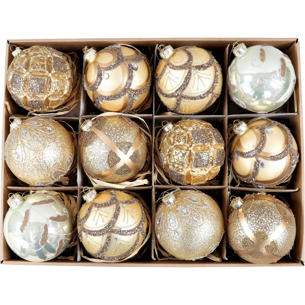 BOÎTE VINTAGE BOULES EN VERRE ENSEMBLE DE 12 PIÈCES (HOFF7939)