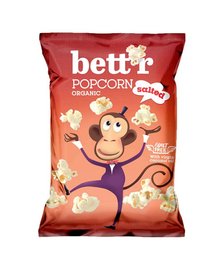Organic, salted popcorn in a 60g bag. The popcorn features a playful monkey character on the packaging.