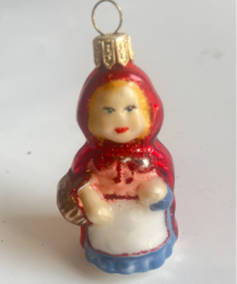 Red hooded girl, Little Red Riding Hood, vintage glass Christmas ornament, red cape, blonde face, blue skirt.