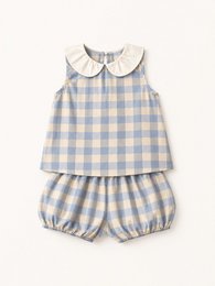  Blue and white gingham check pattern kids outfit with peter pan collar, sleeveless top, and bloomer shorts.