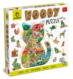  Colorful wooden puzzle featuring a variety of pet animals and their surroundings. Includes shapes, textures, and details that can be used for semantic search.