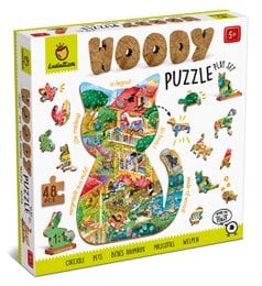 Colorful wooden puzzle featuring a variety of pet animals and their surroundings. Includes shapes, textures, and details that can be used for semantic search.
