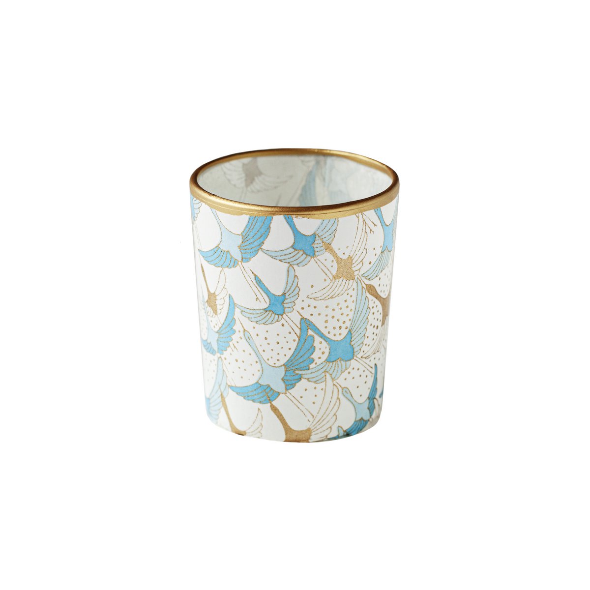 Handmade tealight holder made of glass & Chiyogami paper | Blue birds / White sky | Table decoration