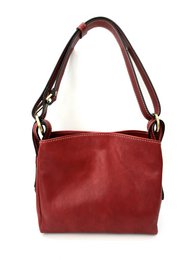  Red leather shoulder bag, structured square shape, burgundy handles, crossbody style, everyday bag