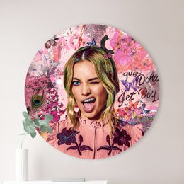 Round wall art featuring a close-up portrait of a smiling blonde woman surrounded by pink and purple floral elements. The text "Good Vibes Only" is prominently displayed.