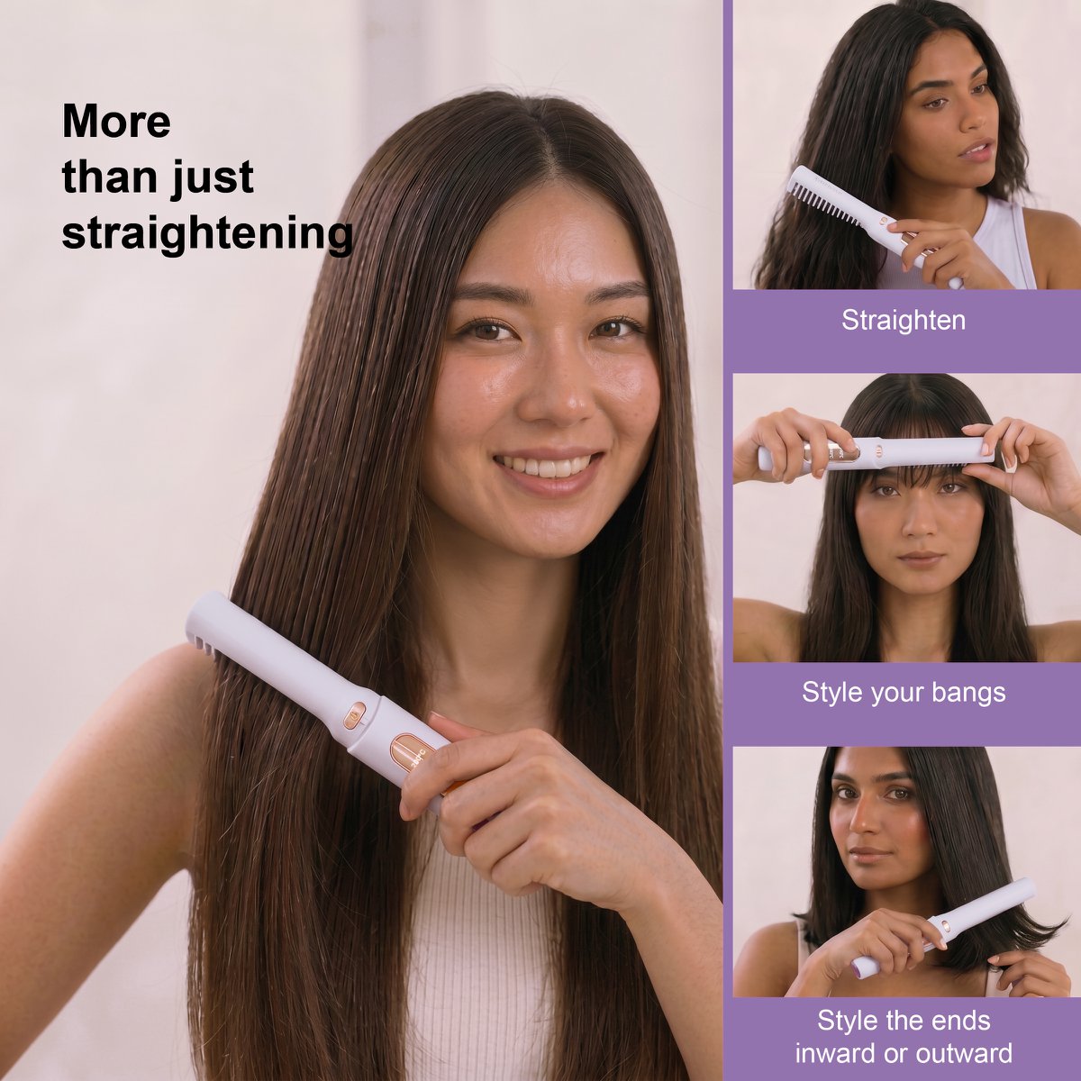 NOVOTECK HT-002 Cepillo para alisar y peinar el cabello 2 en 1 - Recargable, 3 configuraciones de temperatura, 1500 mAh, carga USB-C
