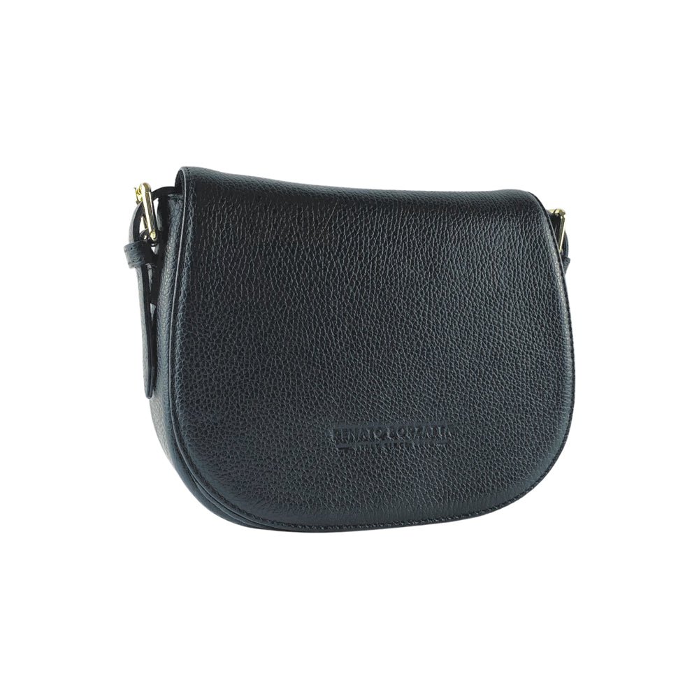 RB1002A | Borsa a Tracolla in Vera Pelle Made in Italy con Tracolla removibile in pelle e attacchi con fibbie in metallo Oro Lucido - Colore Nero - Dimensioni: cm 26 x 20 x 10