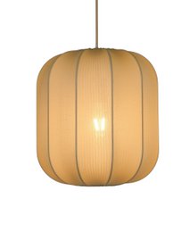 Cognac brown pendant lamp with a round, ribbed shade measuring 30cm in diameter and 32cm in height.