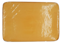 Rectangular yellow dinner plate, 28cm x 19.5cm in size.