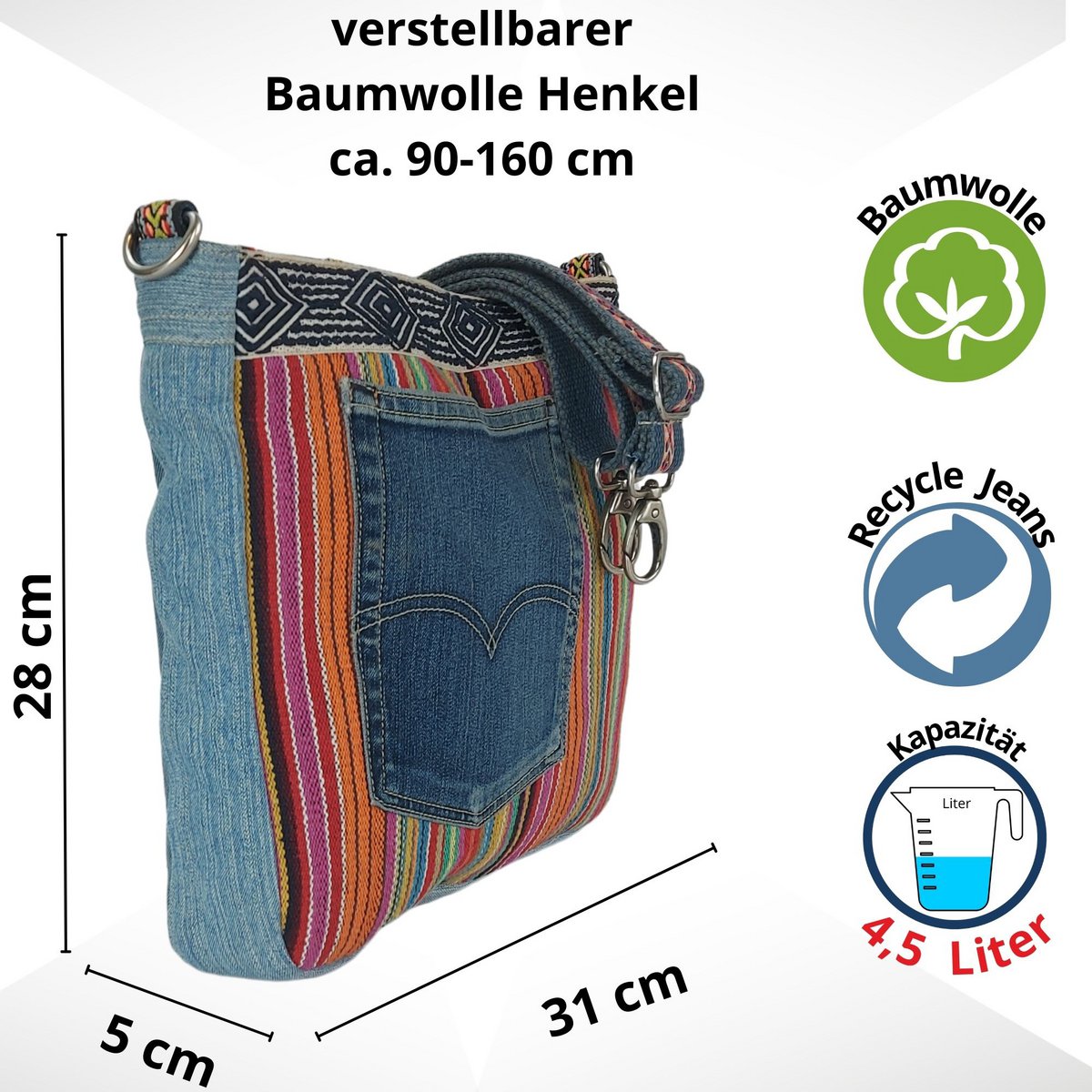 Sunsa Damen Umhängetasche. Schultertasche aus Upcycling Jeans und Baumwolle. Handtasche Vintage Retro Stil. Crossbody Tasche für Frauen.