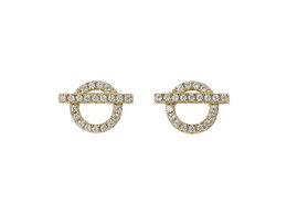 Gold-tone stud earrings with circular design and sparkling crystals.