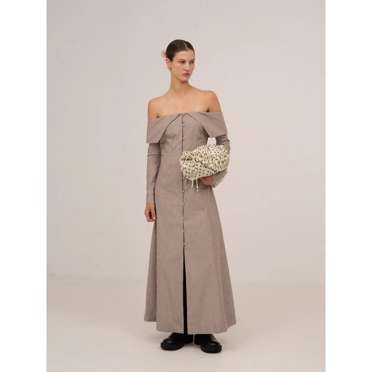 Bardot Brown Striped Off Shoulder Maxi Dress