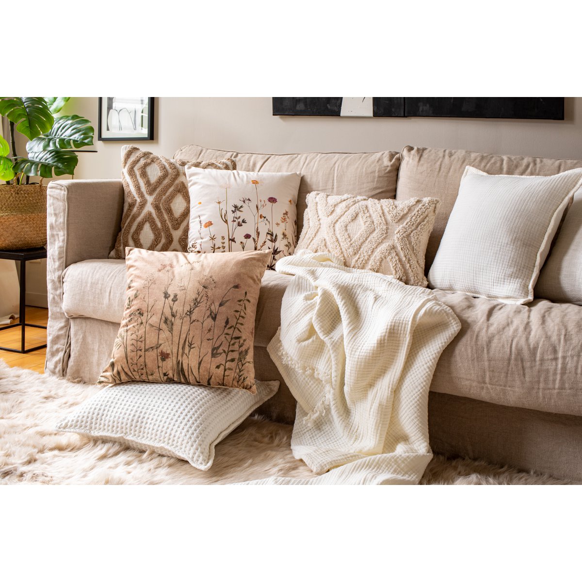 Plaid coton SUZETTE 130x160cm, taupe