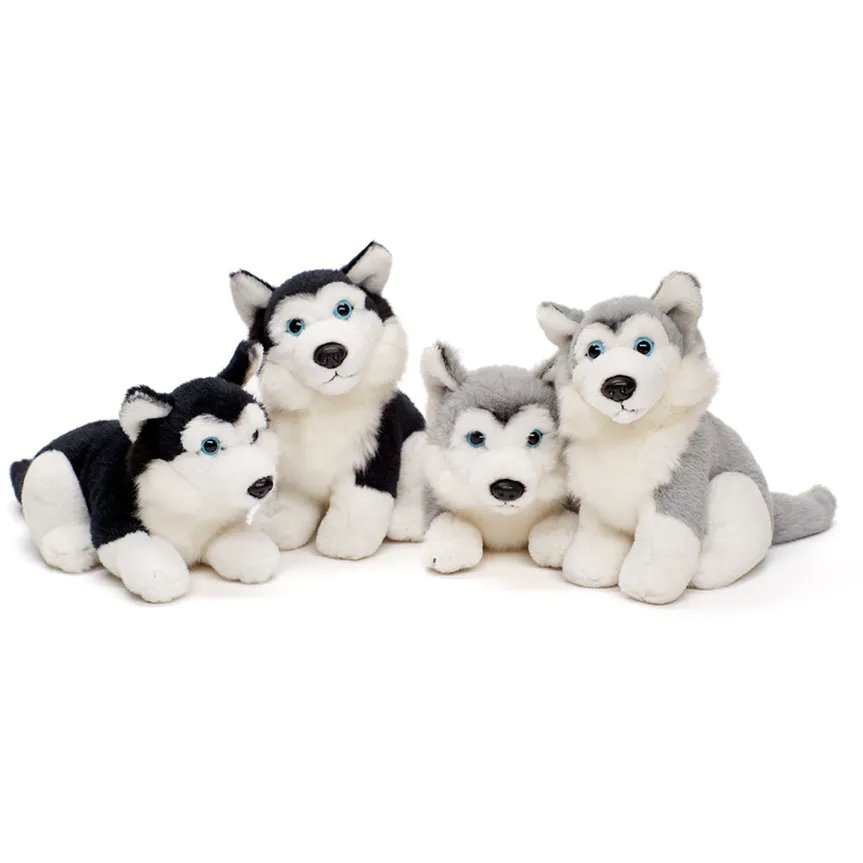Cachorros Husky de peluche, 4 surtidos acostados y sentados, cada uno en negro y gris