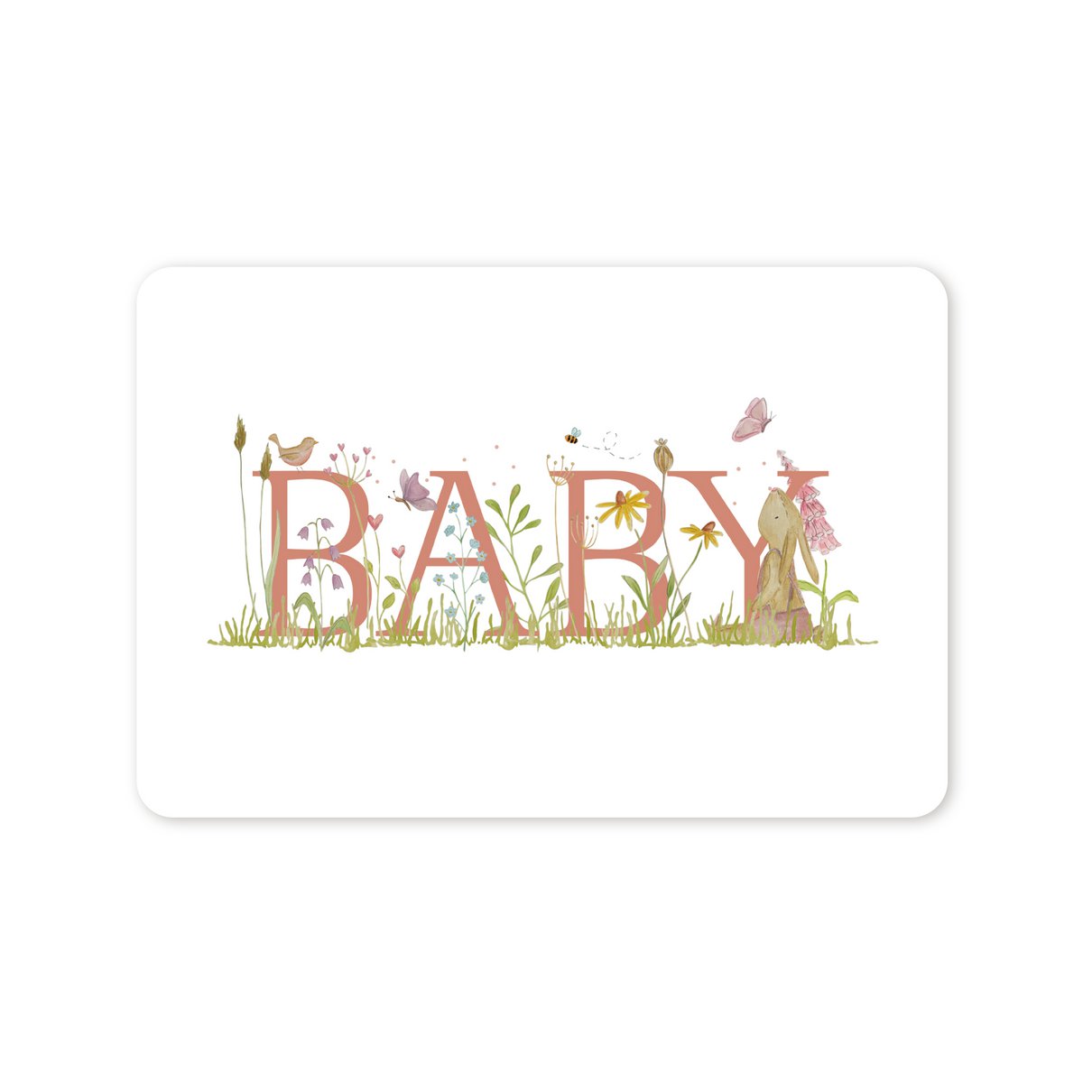 Postal (A6) con 'BABY', flores de niña
