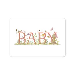 A6 postcard with the word "BABY" in decorative letters, surrounded by floral and animal illustrations in a baby girl theme.