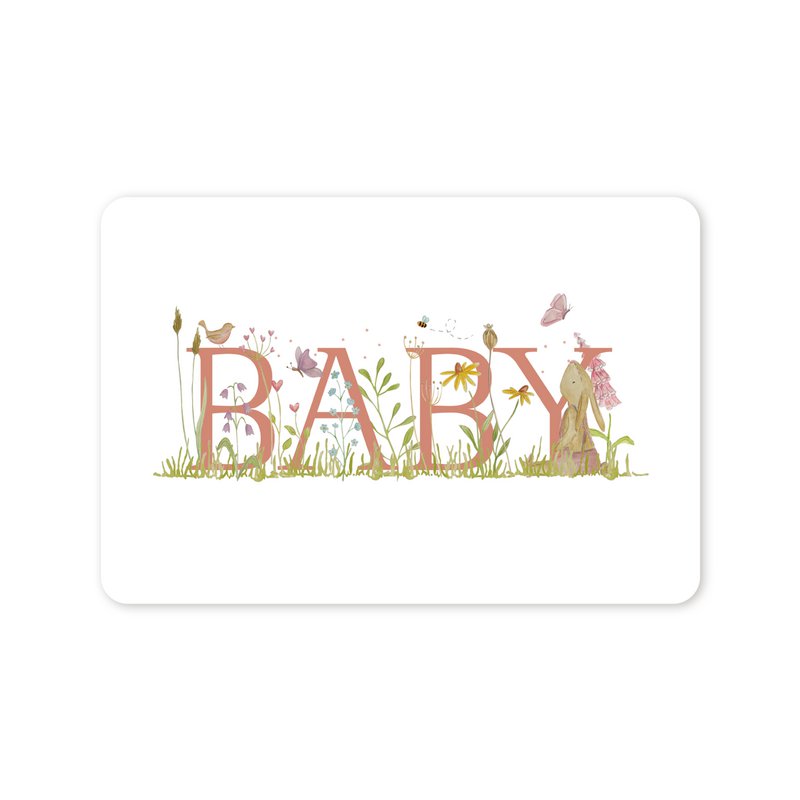 Postal (A6) con 'BABY', flores de niña