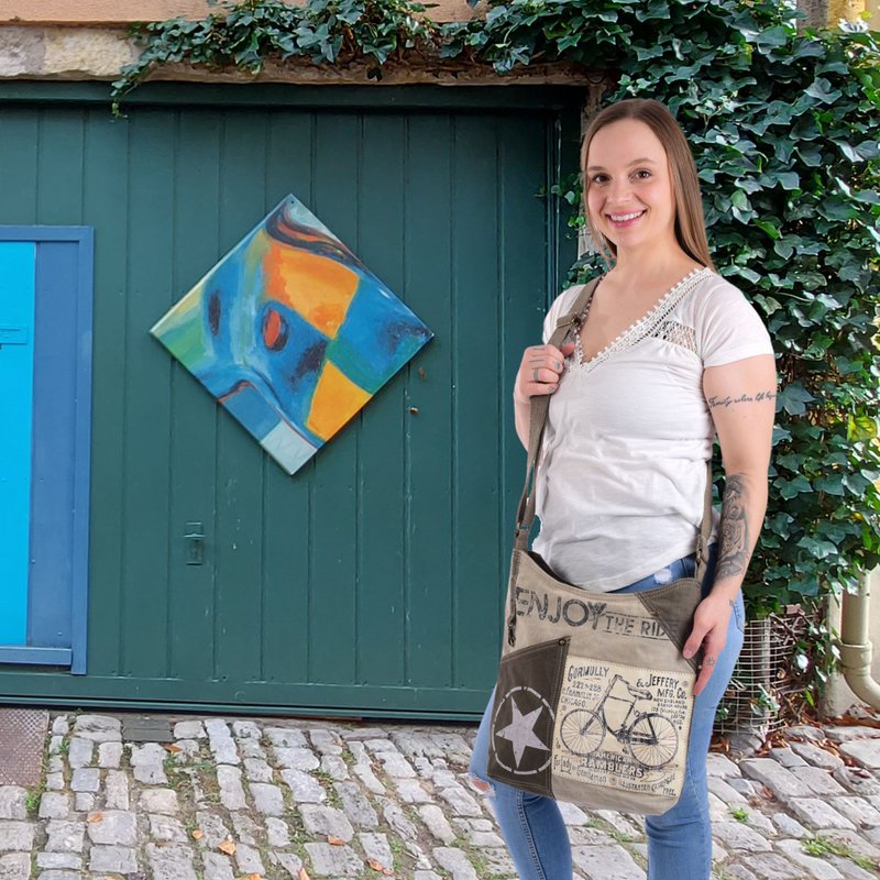 Sunsa skuldertaske til kvinder. Håndtaske lavet af canvas (canvas) & læder. Skuldertaske i vintage stil. Stor crossbody taske til kvinder.