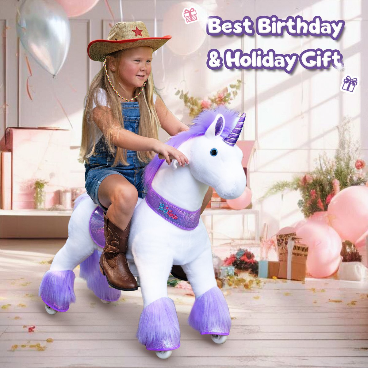PonyCycle Official Classic Ride on Toys Modèle U Licorne blanche, rose et violette - avec frein et son