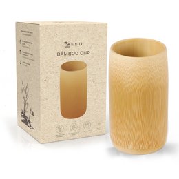 Natural bamboo cup, plastic-free, sustainable. Cylindrical shape with a textured bamboo exterior.