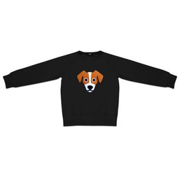 A black sweatshirt featuring a Jack Russell Terrier dog face design. The sweatshirt is available in sizes 74 to 152 cm.