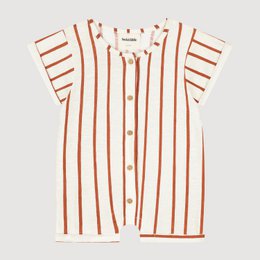  Organic cotton baby playsuit with maple vertical stripes, short flutter sleeves, button front closure.