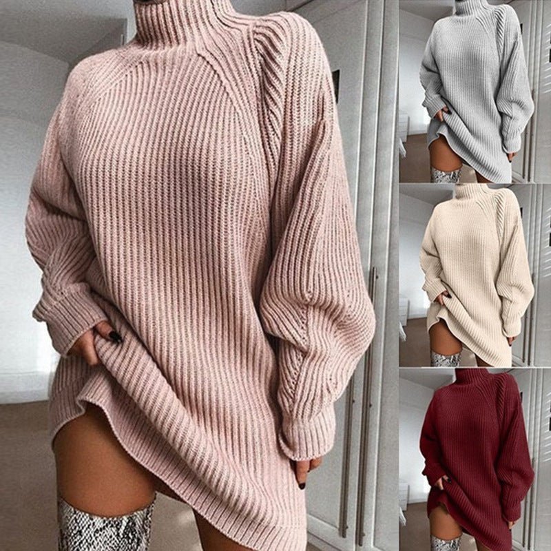 Solider Rollkragen-Langpullover Winter warmes Damen-Pulloverkleid