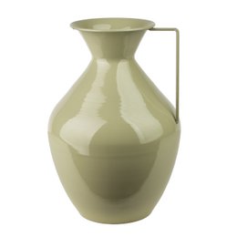 Sage green ceramic vase, bulbous round shape, tall pitcher-style vessel with handle.