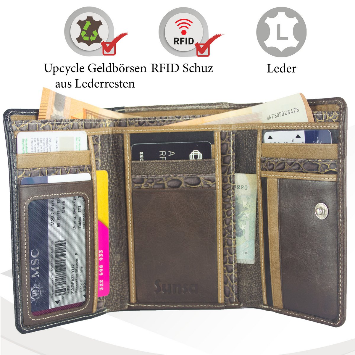 Sunsa damesportemonnee. Leren portemonnee. Portemonnee met RFID-bescherming. Portemonnee gemaakt van overgebleven leer. Grote portemonnee voor dames met veel vakjes voor creditcards - portemonnee voor dames, cadeau-idee