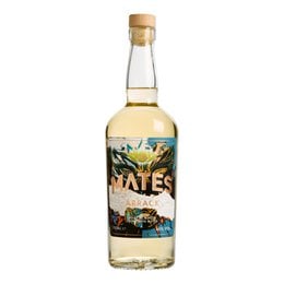 Clear glass bottle with colorful label featuring tropical fish and palm trees. Mates Arrack, a hard seltzer product.