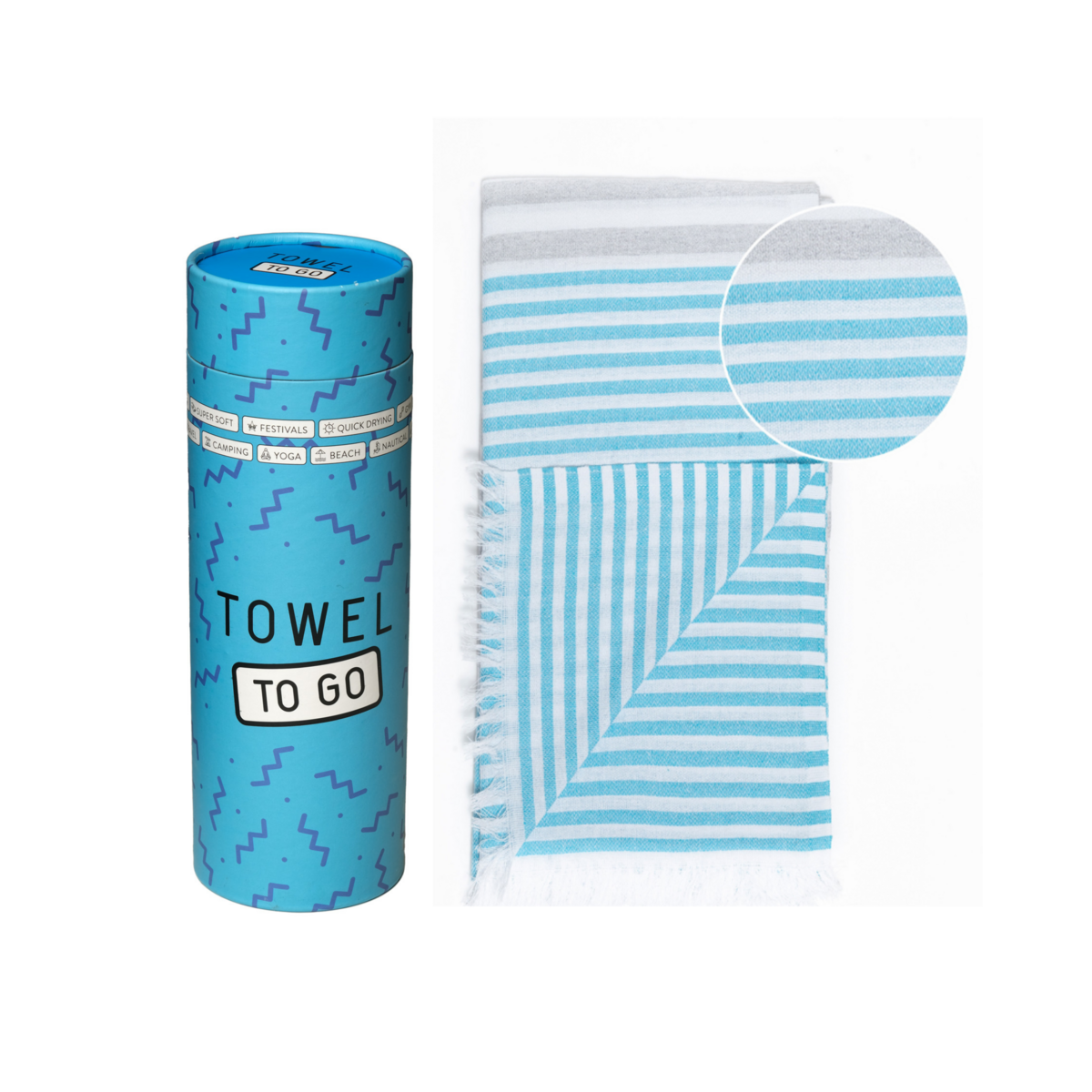 TOWEL TO GO BALI Cotton Beach Towel 180x100 cm | Quick Dry | Turquoise / Grey | with Gift Box
