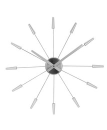 Large modern wall clock with silver metal spokes and a black center.
