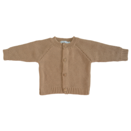 Beige knit cardigan for babies, featuring a button-up closure and a cozy, textured design. Suitable for ages 50/56, 62/68, and 74/80.