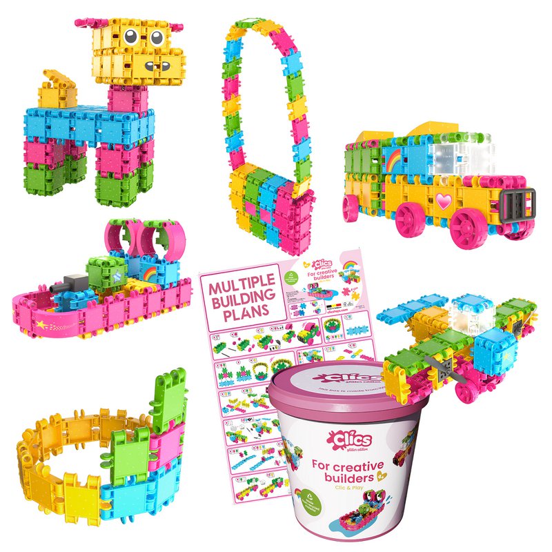 Clics building blocks– DURABLE TOYS made of RECYCLED PLASTIC (Made in Belgium)- Glitter building set 8 in 1