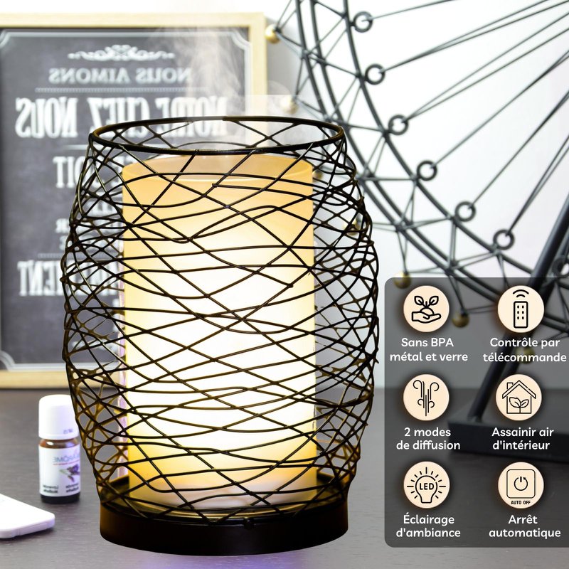 Ultrasonic Diffuser – Volupsia – in Glass and Metal with Remote Control – Simple to Use – Sober Design – Candlelight Lighting