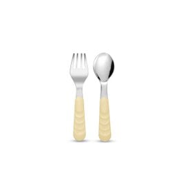 Toddler fork and spoon set in yellow color, made of stainless steel with a soft grip handle for easy use.