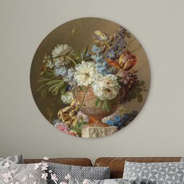 Vibrant floral still life painting featuring a round vase filled with a bouquet of white, blue, and red flowers against a dark background.